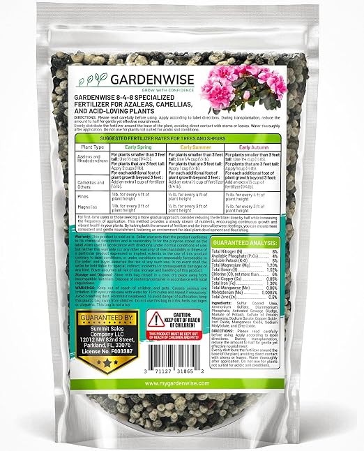 GARDENWISE 8-4-8 Acidic Fertilizer for Azaleas, Camellias (Camelia), Hydrangeas, Blueberries, Gardenias, Magnolia Trees, Evergreens, and Rhododendrons - Ideal Iron-Rich Plant Food (4 QUARTS)