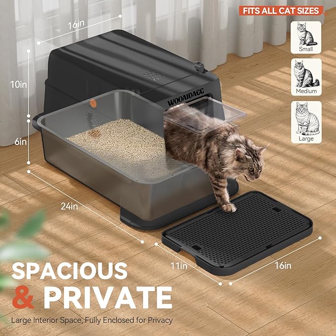 Wooaidagg Enclosed Stainless Steel Cat Litter Box with Odor Control, Modular Design with Drawer and Flip Door, Easy to Clean and Wash,Non-Stick Interior,Extra Large Size Fits All Cats(Black)