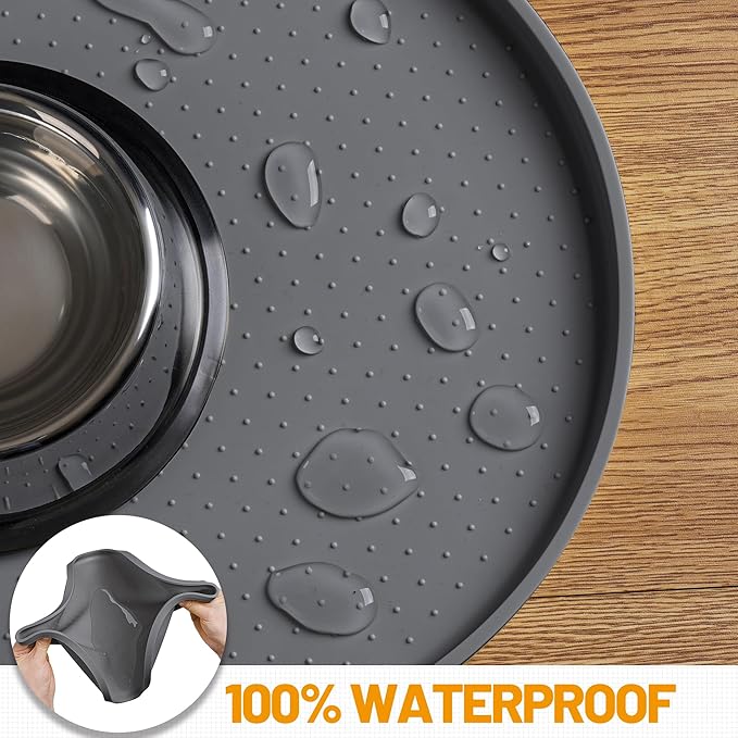 Hubulk 100% Waterproof Silicone Pet Feeding Mat with Raised Edge for Food and Water, Dog Bowl Mats, Cat Bowls Placemat with High Lip Protects Floor for Cats and Dogs (Gray, 16" L x 10" W)