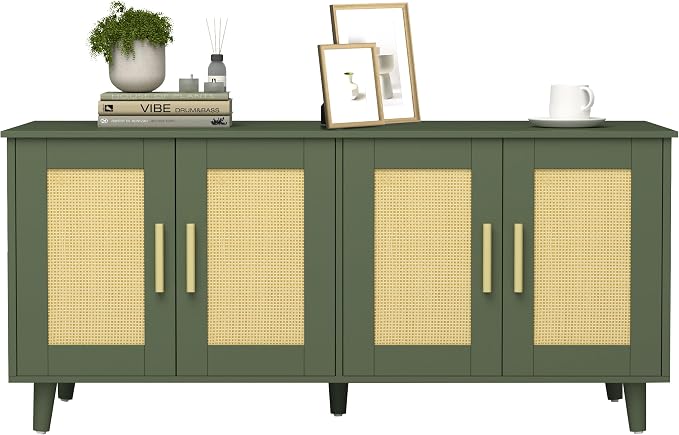 Homhedy Boho Cat Litter Box Enclosure for 2 Cats, Wooden Cat Washroom Furniture with Double Rattan Decorated Doors, Pet House,47.2”L x 19.7”W x 21.7”H, Green