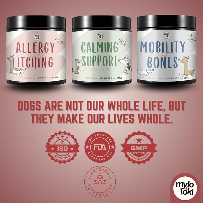 Mylo&Loki- Allergy & Itching Relief Chews for Dogs – Chicken Flavor, 120 Soft Chews – Supports Seasonal Allergy Relief, Itchy Skin, Coat Health, Digestive & Immune Support.