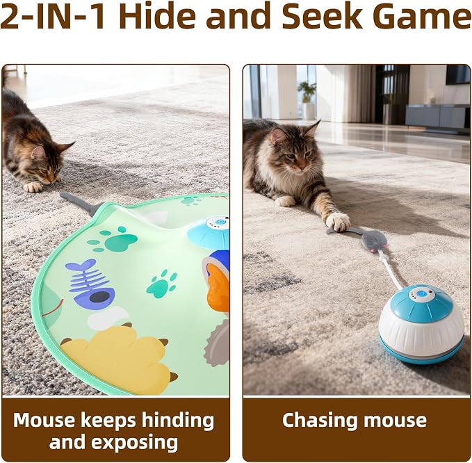 Casfuy 4 Speed Interactive Hide and Seek Cat Toy with Moving Mouse Electronic Motion Concealed Teaser Wand Cat Toy