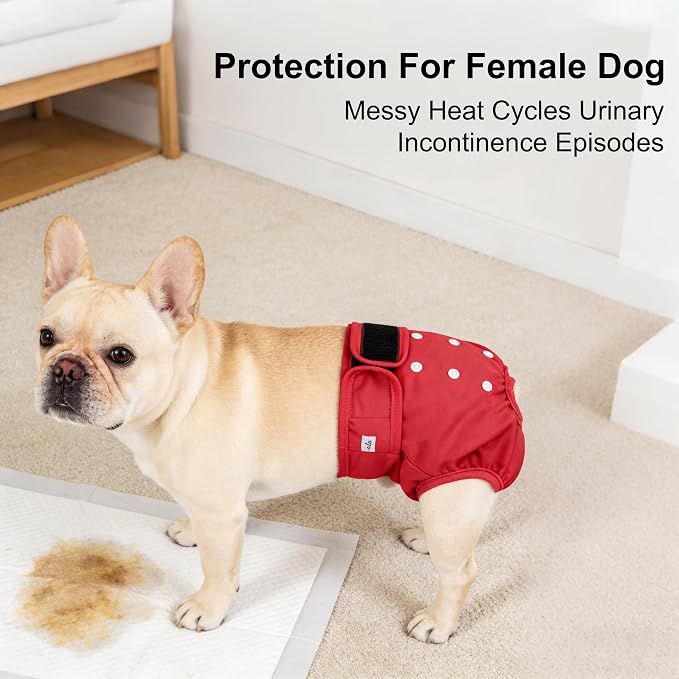 Female Dog Diapers 5Pcs - Premium Reusable Diapers for Doggie in Heat - Highly Absorbent Dog Diapers Female for Pet Incontinence, Red, S