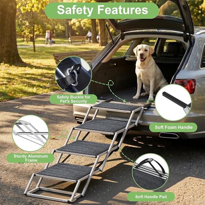 Dog Stairs for Large Dogs, 20" Extra Wide Folding Dog Ramp for Car SUV Truck, Lightweight Dog Steps with Non-Slip Surface & Aluminum Frame, Portable Pet Stairs Supports up to 250 lbs, 4 Steps
