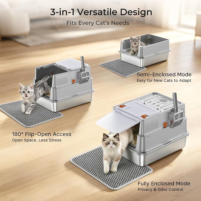 URPOWER Stainless Steel Cat Litter Box with Lid 180° Flip-Top Enclosed Kitty Litter Box Non-Sticky Metal Pan with High Sided & Scoop for Kitten, Small Cats, Odor Free, Anti-Leakage, Easy Cleaning
