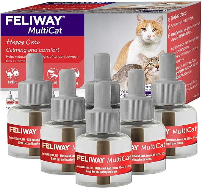 FELIWAY MultiCat Cat Calming Diffuser Refill (6 Pack, 180 Day Supply ) – Helps Reduce Fighting, Tension & Aggression Between Cats – Pheromone Diffuser Refill for Multi‑Cat Homes