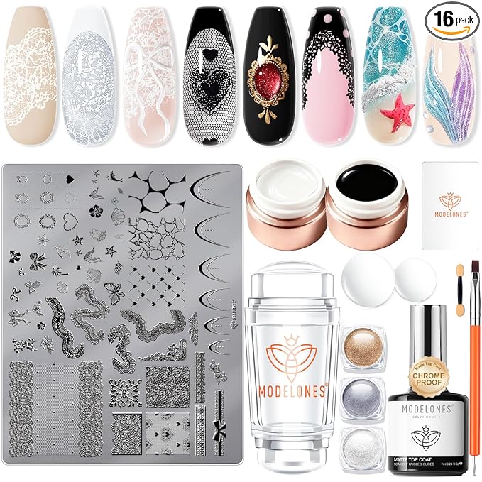 Modelones 16PCS Lace Nail Stamping Kit, French Tip Stamper White Black Painting Gel Polish Chrome Powder Proof Matte Gel Top Coat Gingham Template Dual Nail Art Brush Spring Manicure Gift for Women