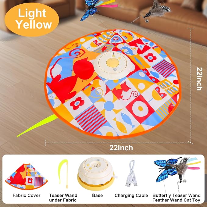 Wn's Day Rechargeable Cat Toys,Hide and Seek Game Interactive Cat Toys for Indoor Cats,Moving Wand Feather Cat Stimulation Toys,Touch Activated Cat Enrichment Toys for Bored Indoor Adult Cats(Yellow)