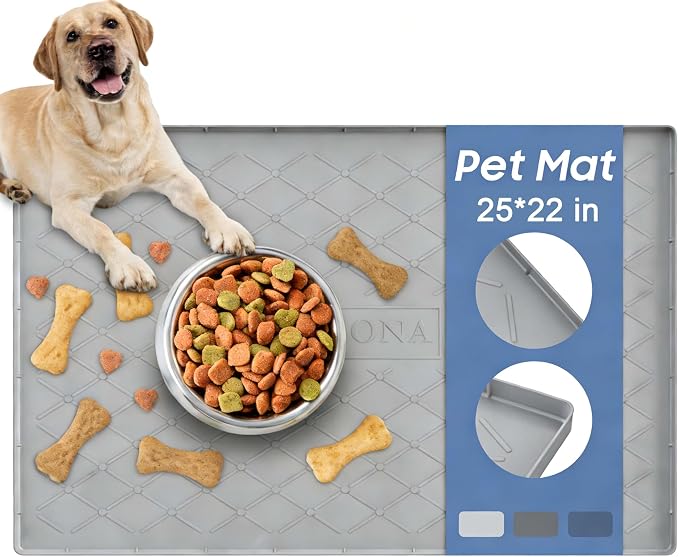 URMONA Large Dog Food Mat, 25" x 22" Pet Food Mat, Waterproof Dog Cat Food Mat with Raised Edges, Silicone Pet Food Mat, Dog Accessories, Prevents Food Spills, Protects Floors (Beige)