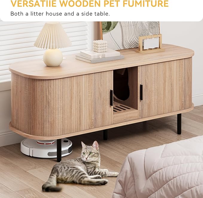 DWVO 55.1in Double Cat Litter Box Enclosure with Power Outlet, Wooden Kitty Litter Box TV Stand Furniture, Litter Box Furniture Hidden for 2 Cats, Light Oak