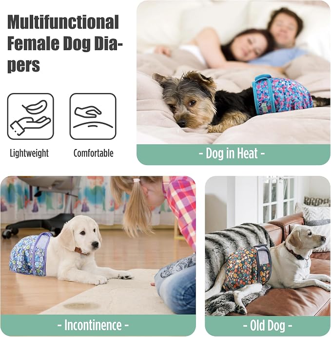 wegreeco Female Dog Diapers, Washable Reusable Pet Puppy Doggie Diapers for Small Medium Large Female Dogs in Heat Period, Doggy Period Panties, 5 Pack, Medium, Small Floral Pattern