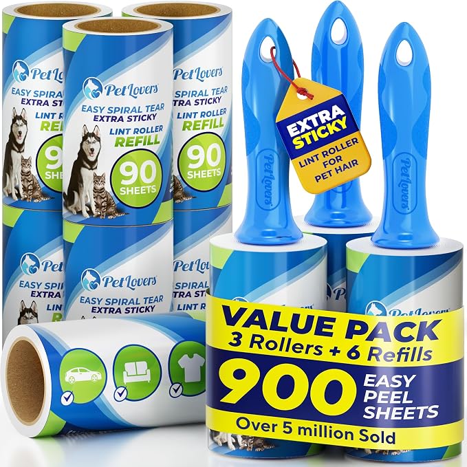 PetLovers Extra Sticky Lint Roller Mega Value Set 900 Sheets for Pet Hair Removal and Clothes, Dog and Cat Lint Remover, 10 Pack