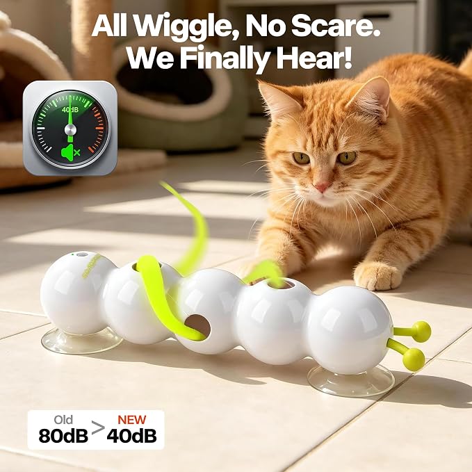 Upgraded Caterpillar Cat Feather Toy, Automatic Fluffy Tail Teaser with Motion Sensor, USB Rechargeable, Suction Cup for Stable Play, Perfect for Indoor Cats