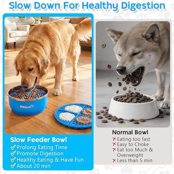 Slow Feeder Insert Dog Bowl 3-in-1 with Lick Mat - 64oz Stainless Steel Food Water Bowl, Non-Slip Suction Cup Base, Dishwasher Safe Puzzle Maze Insert for Dogs Cats All Breeds, Blue
