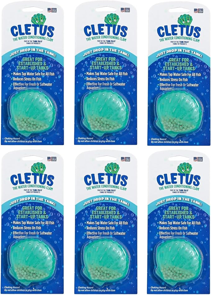 Cletus The Water Conditioning Clam - 6 Pack, Blue - Fish Tank & Aquarium Water Preparation, Chlorine Neutralizer & Heavy Metal Filtration