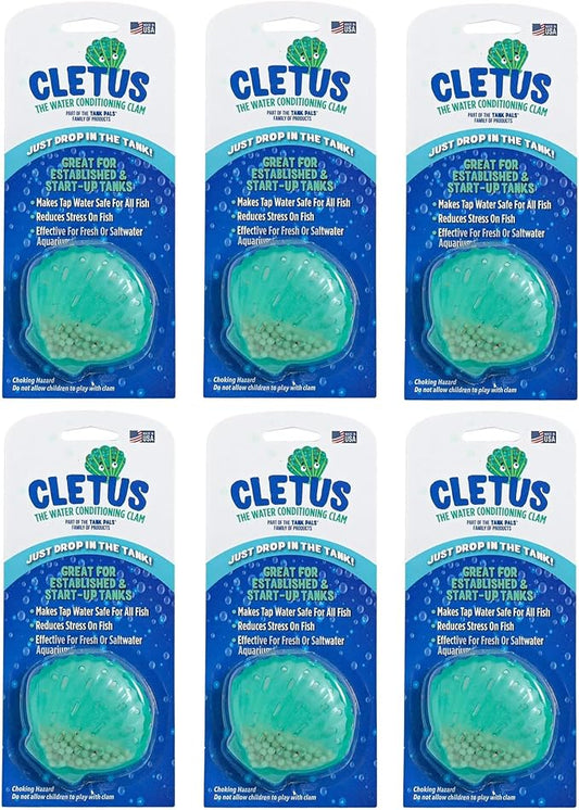 Cletus The Water Conditioning Clam - 6 Pack, Blue - Fish Tank & Aquarium Water Preparation, Chlorine Neutralizer & Heavy Metal Filtration