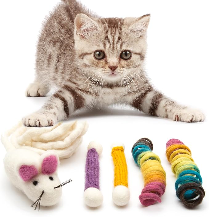 Glaciart One Indoor Catnip Cat Toy Pack - 5pc | Kitty Toys Include Wool Springs, Swabs & Mouse | for Activity, Exercise & Play | Filled w/Organic Catnip to Excite/Calm Pet | Great Gift Idea