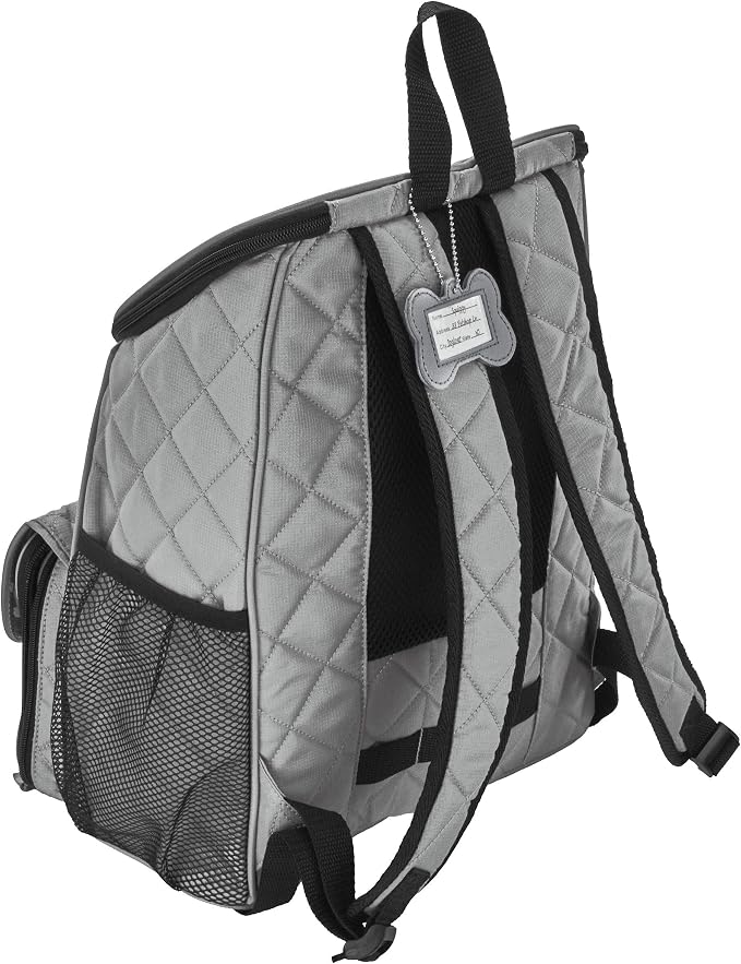 Mobile Dog Gear, Dog Travel Bag, Deluxe Quilted Weekender Backpack, Includes Lined Food Carriers and 2 Collapsible Dog Bowl, Gray