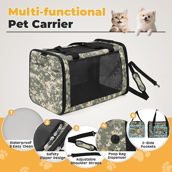 Cat Carrier Soft 25lbs Two Loading Pet Carriers Portable Small Dog Puppy Airline Approved Carrier with Side Pockets Foldable Portable for Outdoor Car Digital Camouflage