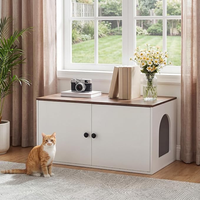 HOOBRO Cat Litter Box Enclosure, Hidden Litter Box Furniture with Side Entry, Litter Box Cabinet, Indoor Cat House, End Side Table, 31.5" L x 17.7" W x 16.3H, for Bathroom, White and Walnut WH40MW01