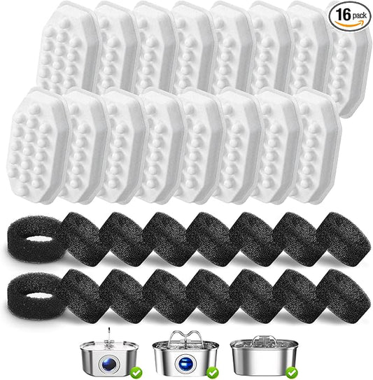 32 Pack Cat Water Fountain Replacement Filters & Pre-Filter Sponges, Includes 16 Filters & 16 Sponges for 108oz/3.2L Stainless Steel Pet Fountains – Compatible with Rellaty & Neareal