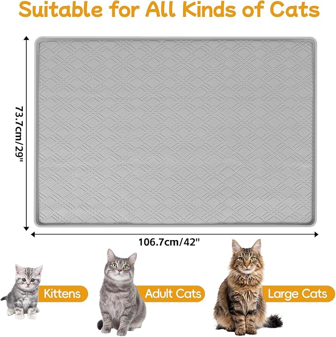 Cat Food Mat, 42" x 29" Large Silicone Mat Cat Feeding Mat with Raised Edge Non-Slip Pet Feeding Mat for Food and Water Bowl, Easy to Clean, Floor Protection (Light Gray)