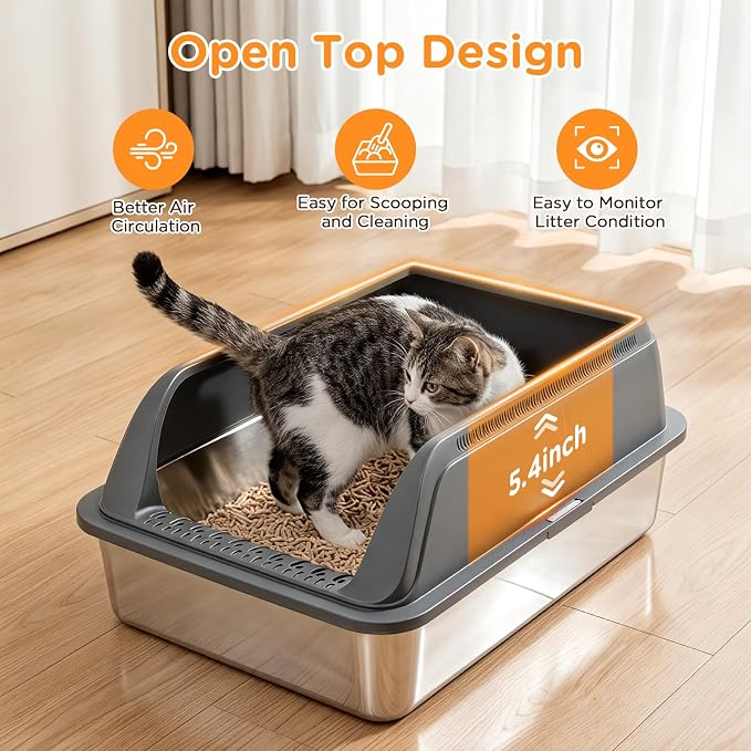 Aphyxen 2Pack XL Stainless Steel Litter Box with High Sides Shield for Multi Cats, 23 "L x 14.61 "W x 9.9 "H Open Top Cat Box for Big Cats, Anti-Leak Non-Stick Odor Control, 2 Scoops, Dark Grey