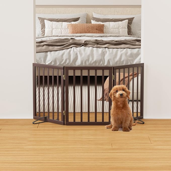 Brown 18-55" Wide Dog Gate, Bamboo Dog Gates for the House Doorways, Freestanding Pet Gates for Dogs, Doogie Puppy Fence Gate