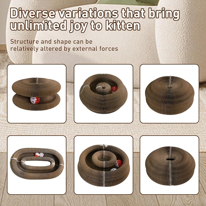 Cat Scratcher Board Foldable with Bell Ball, Interactive Mental Physical Exercise for Indoor Cats Toy, 3-in-1 Magic Organ Cat Toy Protects Furniture, Corrugated Cardboard Scratching Pad