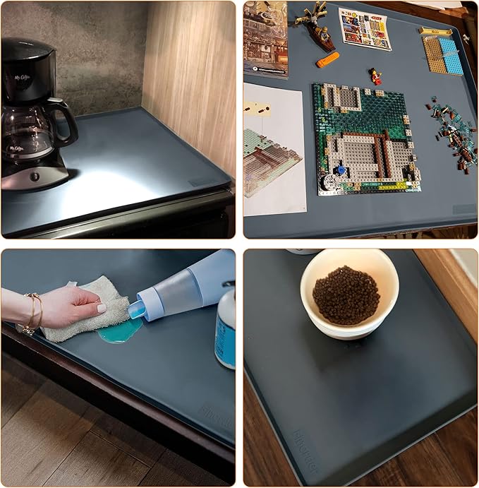 Finorder 34"x 21" 100% Silicone Pet Feeding Mat, Higher Raised Edges and Slip Resistant Pet Food and Water Bowl Mat, Waterproof Pet Food Placemat Silicone Tray, Dishwasher Safe (Grey)