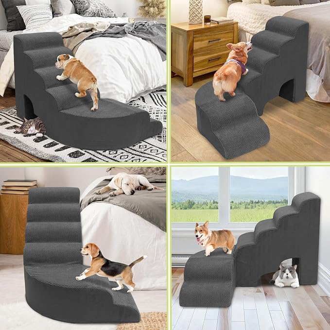 Dog Stairs for High Bed 28-32 Inches Tall, 6 Tier Non-Slip Pet Stairs Adjust to Left Side of Bed, Dog Steps for Small Dogs, Old Pets, and Injured Dogs, Dark Gray