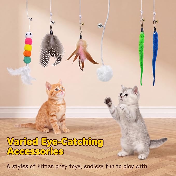 Interactive Cat Toys for Indoor Cats, Automatic Hanging Cat Toys with 6pcs Accessories, 360° Rotating, USB Rechargeable & Auto Pause Electronic Cat Toys for Bored Indoor Adult Cats (Pink)