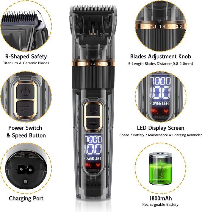 FURBONA Upgraded Dog Paw Trimmer with LED Light, Dog Grooming Kit with LED Display, Low Noise, Rechargeable, Cordless Electric Grooming Clippers for Dogs Cats Pets with All Variety of Coats