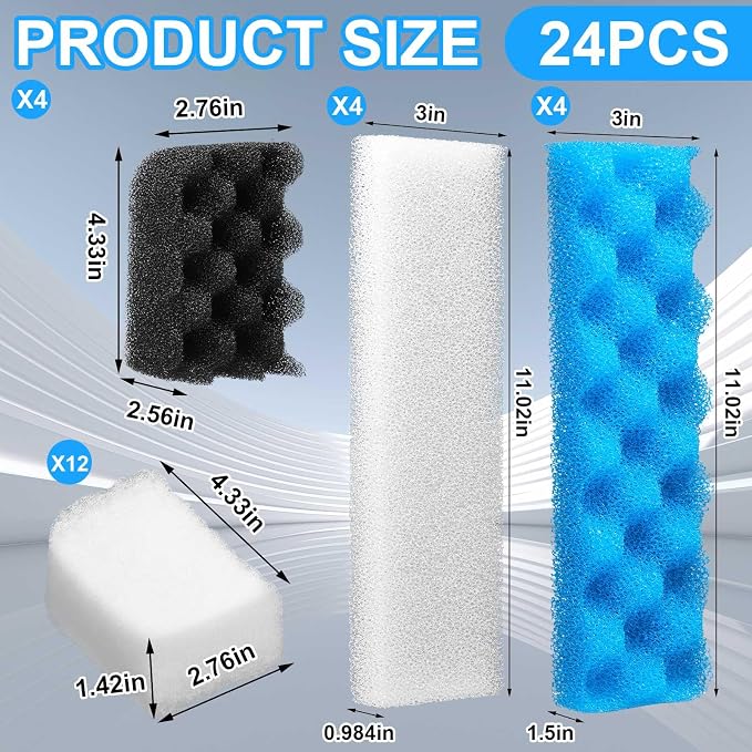 Threlaco 24 Pcs Compatible with Fluval 406/407 Aquarium Filters Sponge Set, Including Foam Pad, Water Polishing Pad, Foam Max, for Replacement Filter Media (Compatible with Fluval 406/407)