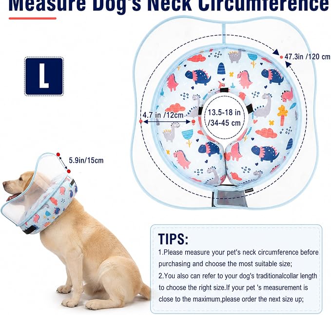 Inflatable Dog Cone Collar for Large Medium Small Dogs, Soft Dog Donut Collar Adjustable Recovery Cone for Pets After Surgery, Extra Enhanced Anti-Licking Guard Shield (Dinosaur, Large)