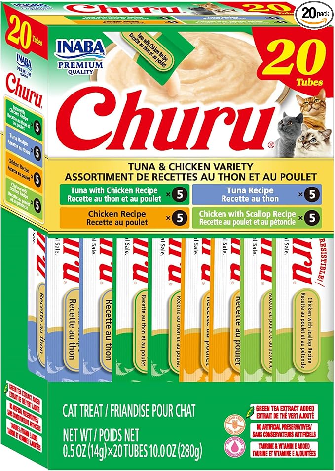 INABA Churu Cat Treats, Lickable, Squeezable Creamy Purée Cat Treat with Green Tea Extract & Taurine, 0.5oz. Each Tube, 20 Tubes, Tuna & Chicken Variety