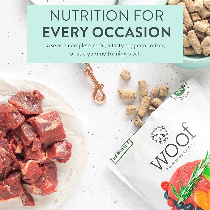 The New Zealand Natural Pet Food Co. Woof Freeze Dried Dog Food - Wild Goat Recipe, High Protein, Complete Diet, Dog Treats, All Life Stages - 1.76 oz