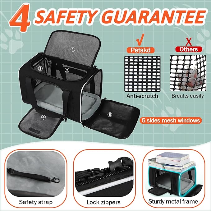 Petskd Small Pet Carrier with Wheels (17" L x 12" W x 8.5" H), JetBlue/Allegiant/Spirit Airlines Approved, Rolling Pet Carrier for Small Dogs & Cats (Black)