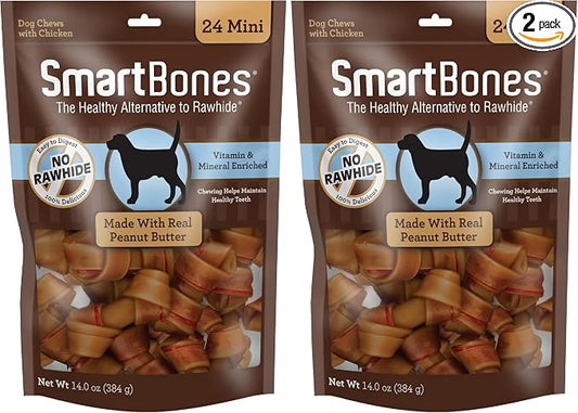SmartBones Mini Chews with Real Peanut Butter 24 Count, Rawhide-Free Chews for Dogs (Packaging May Vary) (Pack of 2)
