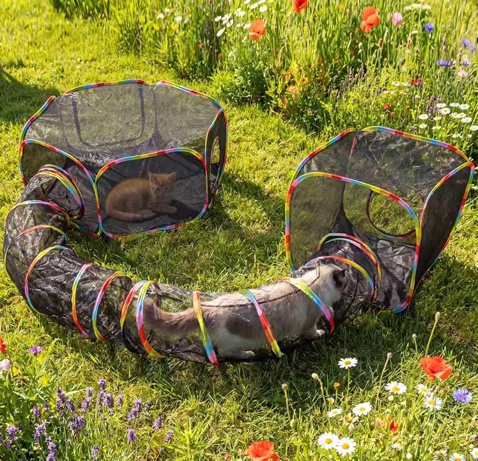 Petizer Outdoor Cat Enclosures - Upgrade 3-in-1 Outdoor Catio Set with Extra Large Tents & Tunnel for Yard & Travel, Portable Cat Playpen for Kittens, Cats, Puppies & Small Animals with Storage Bag
