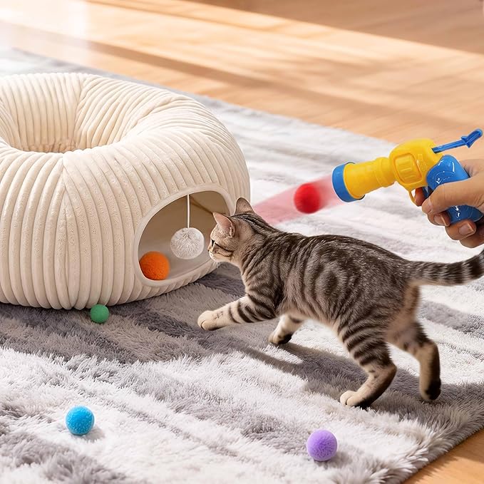 31 Pcs Interactive Cat Toys for Indoor Cats, Cat Tunnel with Moving Ball, Cat Toy Launcher, Catnip Toys, Chew Rope, Feather Wand, Springs and Balls for Indoor Kittens, White