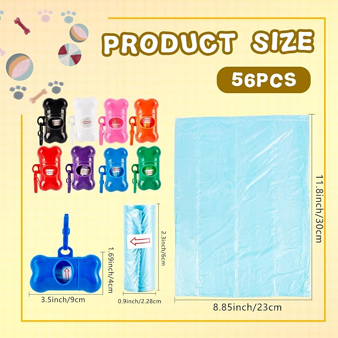 56 Pack Dog Poop Trash Bag Holder Dispenser Bone Shaped Puppy Poop Waste Bag Holder Plastic Leak Proof Pet Waste Disposal Bag for Leash with Hook Walking Dog Outdoor Camp Pet Supplies