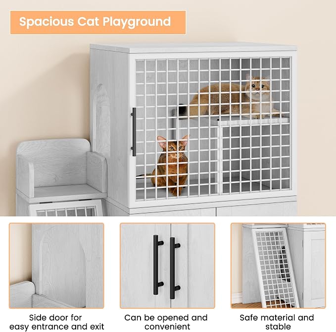 Cat Litter Box Enclosure Furniture with Double Layer Design, Hidden Litter Box & Lounge Villa for Indoor Cats - Includes Ladder, Platform, and Washroom Space for Living Room, Antique White