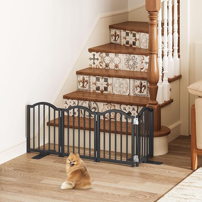 Snughome Short Dog Gate Indoor, 16" High Freestanding Small Dog Door Gate with Support Feet, Expands Up to 48’’ Wide Foldable Pet Gates for Doorway, 4 Panel Folding Pet Door Pet Fence for Puppy, Black