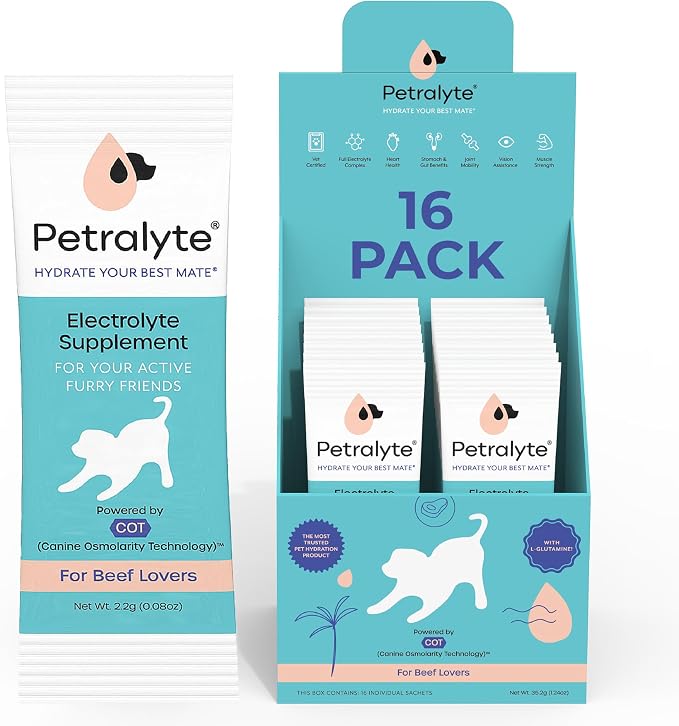 Petralyte Dog Electrolytes and Joint Supplement | Hydration Support for Dogs w/Glucosamine, Chondroitin & More | Electrolytes for Dogs with Prebiotics | for Beef Lovers | 16 Packets