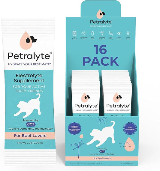 Petralyte Dog Electrolytes and Joint Supplement | Hydration Support for Dogs w/Glucosamine, Chondroitin & More | Electrolytes for Dogs with Prebiotics | for Beef Lovers | 16 Packets