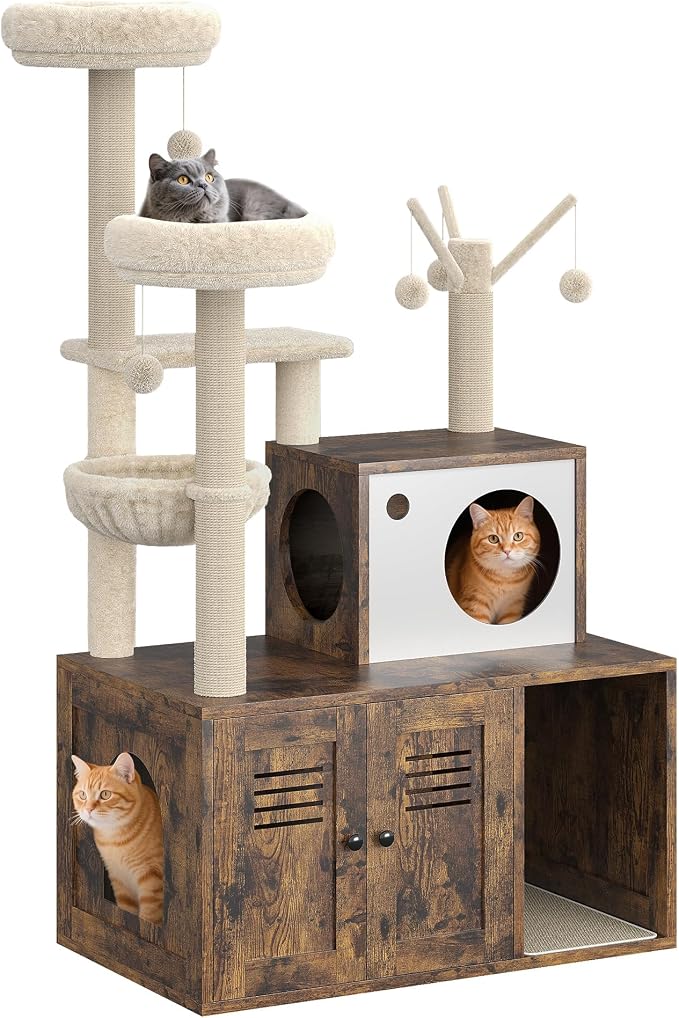 Modern Wooden Cat Tower with Hidden Litter Box Enclosure, Multi-Level Cat Condo, Scratching Posts, Cozy Hanging Basket & Toy, Durable Cat Tree Furniture for Indoor Cats, Vintage Brown