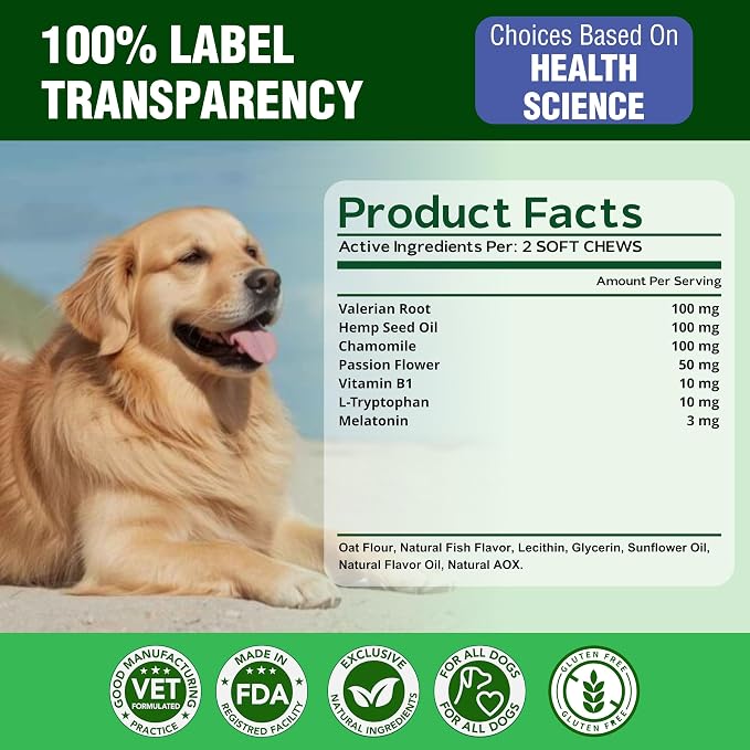 Hemp Calming Chews for Dogs – Dog Calming Chews & Anxiety Relief Treats with Melatonin–Stress Relief for Barking, Thunder, Fireworks, Travel & Separation Anxiety–Vet Formulated-Made in USA - 120 Chews
