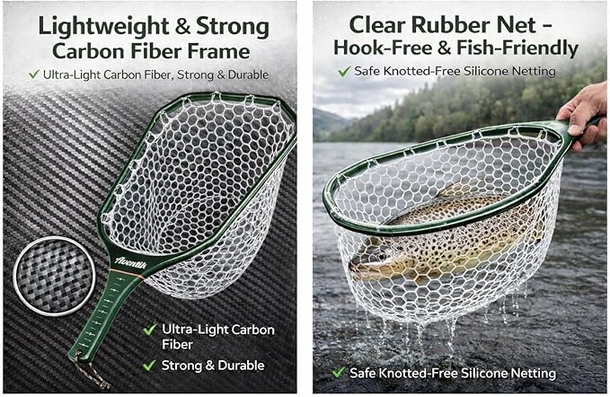 Aventik Fly Floating Fishing Net Carbon Fiber Landing Trout Net Light Weight Clear Rubber Ghost Net Catch & Release