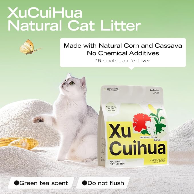 XuCuiHua Natural Cat Litter Green Tea Scent, Plant-Based, Strong Clumping Litter, Odor Control, Easy Scooping, Clumps Lift Cleanly, Low Dust, 5.5 LB